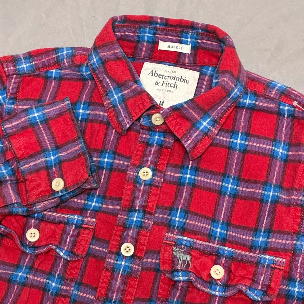 Abercrombie & Fitch Mens Muscle Fit Flannel Shirt Red Blue Plaid Medium